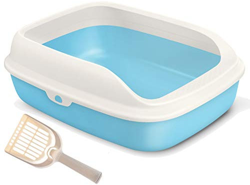 BPS Bandeja Gatos Gatitos Aseo Arenero Abierto para Mascotas Gatos Bandeja Sanitaria Plástica con Pala 3 Tamaños y Colores para Elegir (M, Azul) BPS-5596AZ