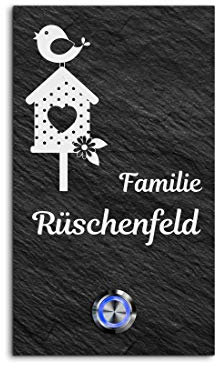 Schiefer Türklingel mit Gravur und LED-Klingelknopf und über 100 Motive | Modell: Rüschenfeld-sch | 10x17 cm Klingel-Taster Klingelschild Klingelplatte Namensschild beschriftet