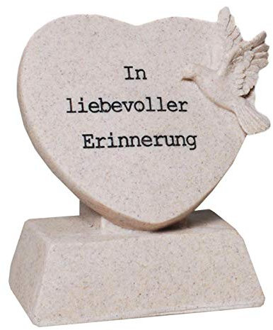 Trauer-Shop Kleines Grabschmuck Herz auf Sockel, Taube, In liebevoller Erinnerung. Breite 11 cm, Höhe 13,5 cm.