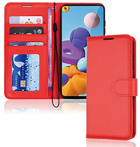TECHGEAR Leder Hülle Galaxy A21s, PU Leder Flip Case Schutzhülle Ledertasche [Brieftasche] Handyhülle mit Ständer und Handschlaufe Beutel kompatibel mit Samsung Galaxy A21s - Rot