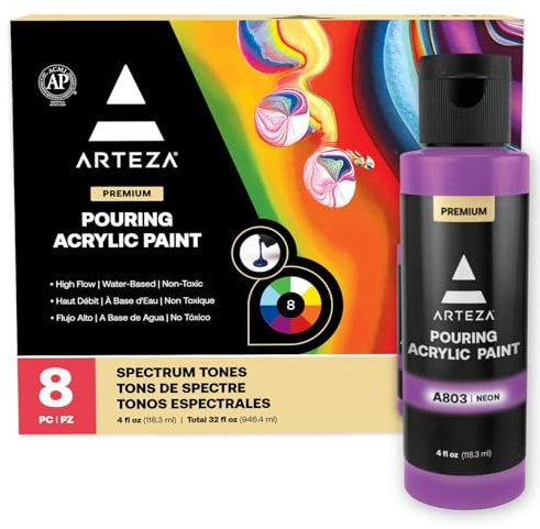 ARTEZA Acrylic Pouring Paint Set, 8 Rainbow Colors, 4 oz Bottles, High-Flow Paint, No Mixing Needed, Art Supplies for Canvas, Glass, Paper, Wood, Tile, and Stones