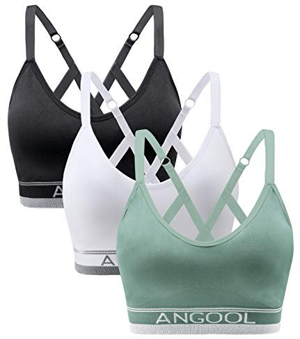 ANGOOL Sport BH Damen Einstellbarer Schultergurt Sport Bustier Damen Gepolstert Starker Halt Nahtlose Joggen Yoga Fitness Bra, 3er Pack, Schwarz + weiß + grün, L