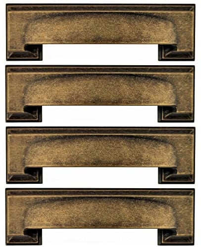 French Furniture Fittings Set of 4 Art Deco Kitchen Cabinet Square Cup Handles 2 Sizes, Cup Handles for Kitchen Cupboard Doors and Drawers, Deep Antique Brass (Distance Between fixings 76 or 96mm)