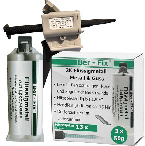 Ber-Fix Métal liquide 3 x 50 g + pistolet + 10 pointes, résistant à la chaleur, colle 2 composants, colle métallique, spatule métallique, 120 °C
