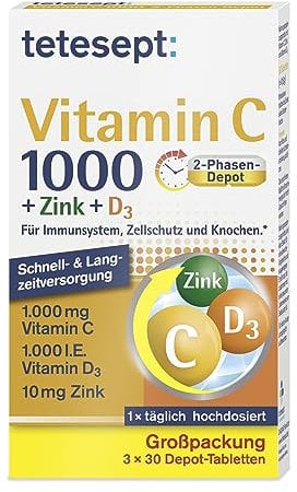 tetesept Vitamin C 1000 + Zink + D3 – 3 x 30 Tabletten (3 Monats-Packung) – Nahrungsergänzungsmittel zur Unterstützung des Immunsystems, dem Zellschutz und der Knochen – Vitamin Tabletten