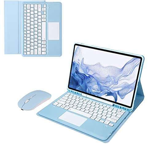 Bueuwe Tastatur Hülle für Samsung Galaxy Tab S7 FE/S7 Plus/S8+ 12,4 Zoll – Abnehmbare Kabellose Tastatur Mit S Pen-Halterung, Bluetooth-Maus,Blue with toupad