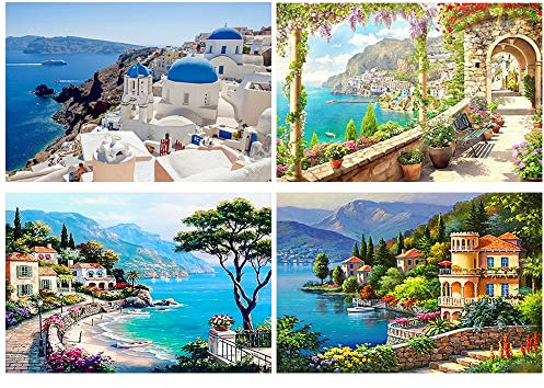 DCIDBEI 4 Pack Diamond Painting Vierer Set Landschaften 40x50 cm Diamant Painting Bilder Strand Malen nach Zahlen Strand und Meer Diamond Painting Griechenland Diamond Puzzle Landschaft Santonia