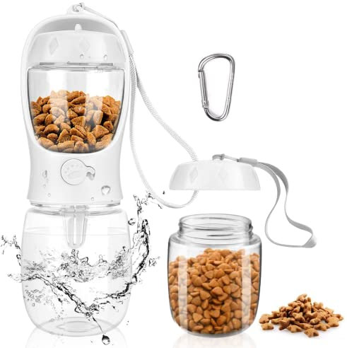 MYOWELL Borraccia Portatile per Cani - 350ML Bottiglia da Viaggio per Cane Gatti con 100g Serbatoio per Alimenti, Antibatterico e a Prova di Perdite (Bianco)