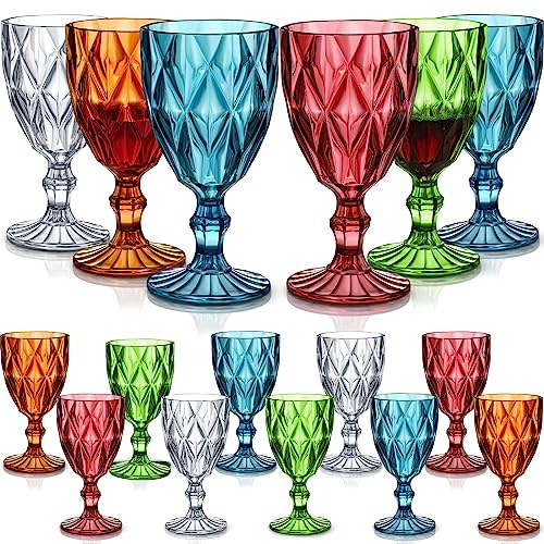 Zhehao 16 Pcs Plastic Goblets 12 oz Embossed Wine Glasses 5 Colors