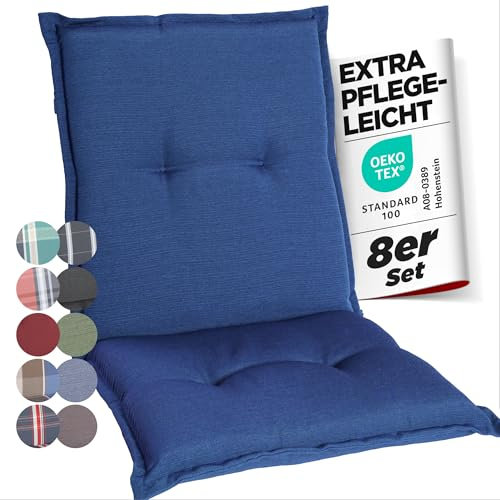 gardisun Gartenstuhlauflagen Niedriglehner I Extra Dicke Sitzauflagen I Made in Europe I Stuhlauflagen für Niederlehner Gartenstuhl I Auflagen mit extra hohem Komfort I 8er Set I Blau
