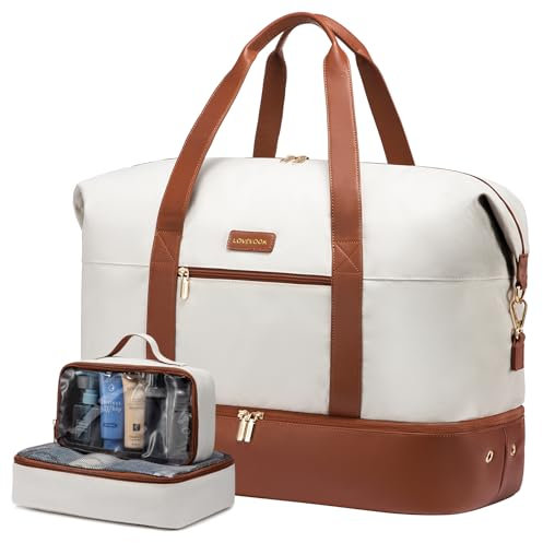 LOVEVOOK Travel Bags for Women, Waterproof Overnight Weekend Hospital Holdall Duffle Bag with Shoes Compartment & Trolley Sleeve, Cabin Carry On Flight Bag,Beige