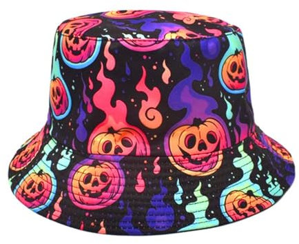 Damen Herren Feuer Flamme Muster Druck Bucket Hat Doppelseitiger Reversible Sonne Fisherman Cap, Kürbis-Flamme, Einheitsgröße