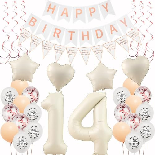Deko 14. Geburtstag Mädchen - Beige Roségold Luftballons, Dekoration, Happy Birthday Girlande - Party Set