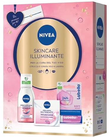 NIVEA Skincare Illuminante Cofanetto Regalo Donna, Set Regalo Donna con Crema Viso Nutriente 50ml, Struccante Occhi Illuminante Waterproof 125ml e Burrocacao Labbra Labello Soft Rosé 4.8g