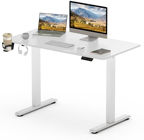 SANODESK Escritorio Elevable Eléctrico 110x60cm con Tablero Entero(con Gancho/Portabotellas), Standing Desk, Escritorio Ajustable en Altura con Tablero, Función de Memoria, para Trabajo/Hogar(Blanco)