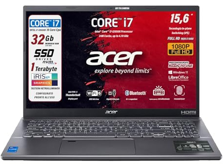 acer Notebook, Intel Core i7 12650H, 10Core fino a 4.7Ghz, RAM 32 Gb, SSD PCIe NVMe 1TB, 15.6 FullHD, Tastiera Retroilluminata, Fingerprint, Wi-Fi 6, LAN, HDMI, Win 11 - Pronto all'Uso