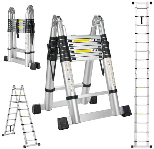 STANEW Escalera Telescópica de 5M (2.5+2.5M) de Aluminio, Plegable, Reposabrazos Extraíble, Multifunción Portátil Plegable Extensible, Carga Máxima de 150 kg