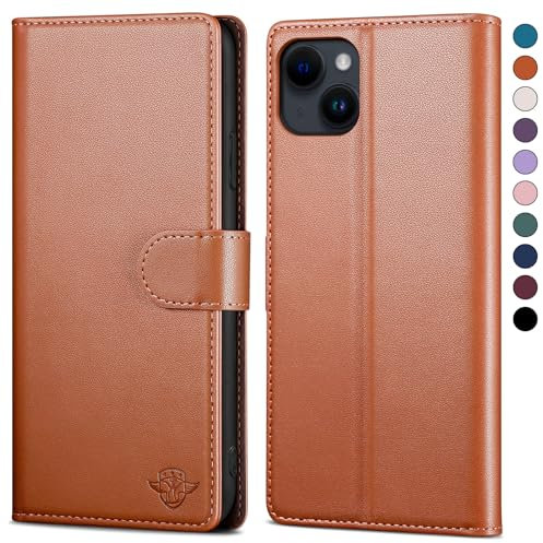 SkyDuck for iPhone 13 6.1 Phone case with [RFID Blocking][Credit Card Holder] with 1 Tempered Glass Screen Protector,PU Leather Flip Book Protective Cover Women Men for Apple 13 cases Light Brown