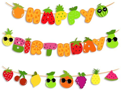 Finypa Obst-Themen-Geburtstagsparty-Dekorationen, Happy Birthday-Banner, Orange, Erdbeere, Wassermelone, Ananas, Obstmuster, Girlande für Sommer, Obst, Geburtstagsparty, Babyparty-Zubehör