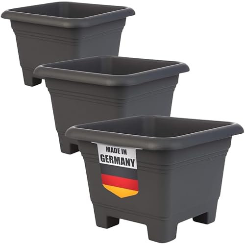 LIVINJA 3er Set Pflanzkübel Groß Aussen aus Kunststoff, Blumentopf Gross, Eckig 38x38x28 cm, Anthrazit - Blumenkübel Pflanztopf Hochwertiger Übertopf