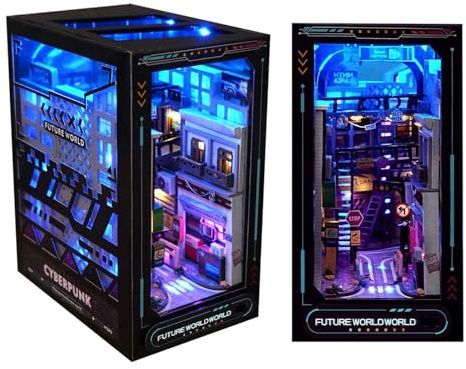 AOXCHEN 3D Book Nook Kit pour Adultes, Serre-Livres Puzzle en Bois Cyberpunk avec Capteur de Lumière, DIY Décor D'insertion de Bibliothèque Modèle, Cadeaux Spéciaux pour Les Adolescents