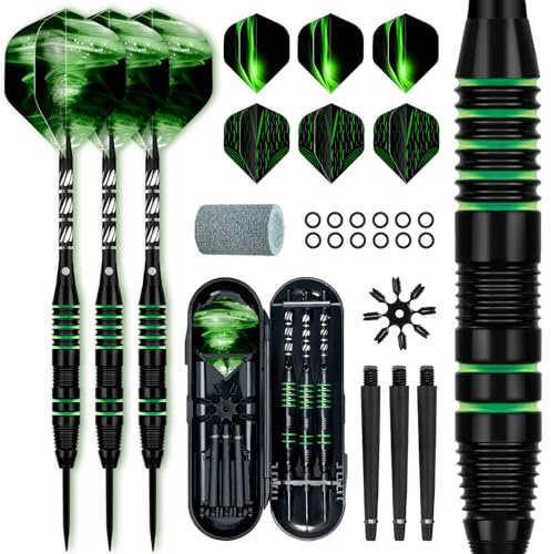 XAWU 3-pack stålspetsdartset professionella dartpilar 22 g med 9 dartflygningar, 3 aluminiumaxlar, 3 reservaxlar, 1 pilvässare, 12 gummi-O-ringar flygskydd och dartfodral
