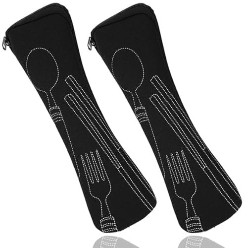 BDEPSTR 2 Stück Schwarz Bestecktasche für unterwegs Bestecktasche für Reisen Camping Picknick Schule Mittagessen, waschbar