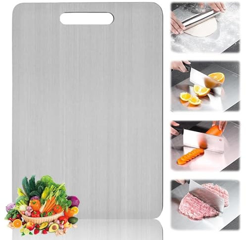 Titanium Cutting Board, Food Grade 304 Stainless Steel Chopping Board for Kitchen, Hygienic Metal Chopping Board with Hanging Hole & Round Edge for Meat, Fruit, Vegetables (20 x 29cm)