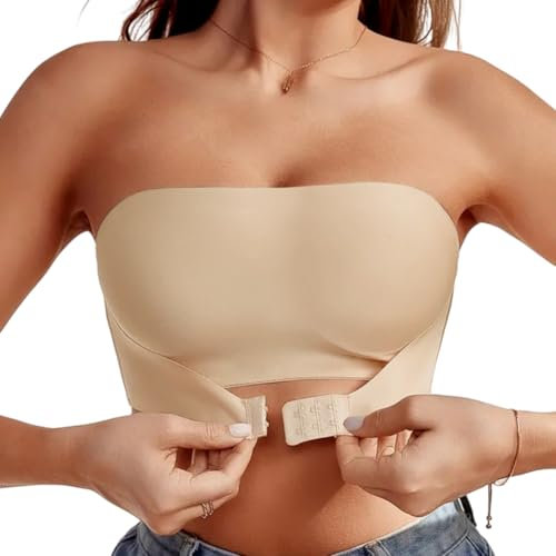 Sexy Code 1701 Women's Strapless Bandeau Bra Front Buckle Women Non Padded Top Tube Bras Wireless Bralettes Bandeau Seamless Bras(D452+D130,Beige,S)