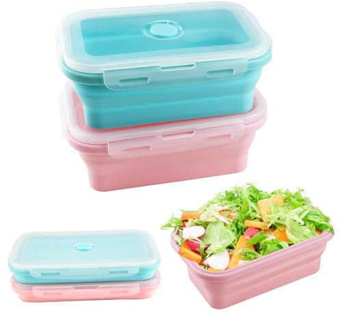 Cragmut 2 Stück Faltbare Brotdosen, 800 ML Silikon Faltbare Dosen mit Deckel Auslaufsicher Faltbare Schüssel für Büro Camping Picknick (Blau & Rosa)