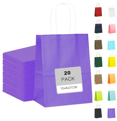 MORAINJAY 20 Stück Geschenktüten mit Henkel,Kraftpapiertüten,15x8x21cm Lila Papiertüten für Geschenkverpackung,Gastgeschenke Tüten für Einkaufen,Hochzeiten,Verpackungen,Kindergeburtstag