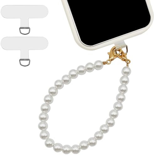 Pearl Phone Charm, Universal Cell Phone Lanyard, Beaded Smartphone Bracelet Wrist Strap with 2 Pcs Phones Patches, Cellphone Chain Wrist Strap, Cellphone Lanyard Beaded Bracelets for Women (White)