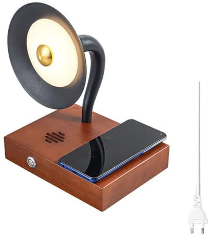 LOGT Nachttischlampe mit Bluetooth Lautsprecher LED Holz Tischlampe mit Wireless Charger Touch Dimmmodi Night Light Table Musikbox Intelligente Induktive Ladestation Vintage Leseleuchte,A