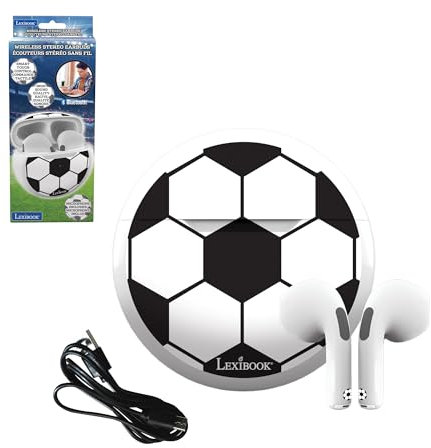 Lexibook, Voetbal, Draadloze stereooordopjes, Hoge geluidskwaliteit, Geïntegreerde microfoon, Slimme aanraakbediening, Oplaadetui, Geluidsniveau beperkt tot 85 dB, Zwart/wit, HPBT05FO