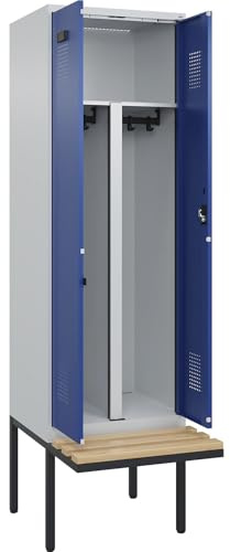 kaiserkraft | Schwarz-Weiß-Spind Evolo Plus Sitzbank | 2 Abteile | Trennwand verkürzt | lichtgrau/enzianblau | B 600 mm | Zylinderschloss | mit auskragender Sitzbank | Buche