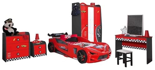Aileenstore Kinderzimmer Komplett Set Jugendzimmer Kindermöbel 5 teilig mit Autobett Rio (inkl.Sportsitze,Matratze)