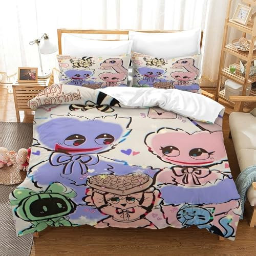 LIAOHENKAN Poppy Playtime Bettbezug Set Für Kinder Mädchen Jungen 3D Gedruckter Cartoon Bettwäschegarnitur Weich Microfaser Reissverschluss Und Kissenbezüge Bettwäsche 3 Teilig Single(140x200cm)