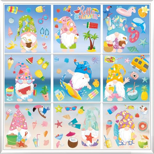 Fensterbilder Selbstklebend Sommer Deko Fenster Aufkleber Dekorationen 9 Blätter Fenstersticker Wiederverwendbar Fensterdeko Gnom Fenstersticker Sommer Fensterbilder Wiederverwendbar