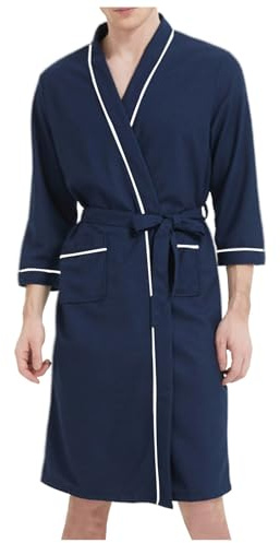 WAZHAKU Men's Lightweight Cotton Dressing Gown Long Sleeves Travel Bathrobe Kimono Sauna Gown Man Leisure Loungewear with Pockets and Belt House Coat Long Dressing Gown Bathrobe, X Blue, 3XL