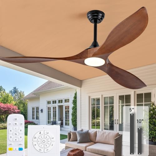 Ceversa 60 Inch Outdoor Ceiling Fan with Lighting and Remote Control, 3 Blades, Modern Solid Wood Ceiling Fan with Wall Control Switch, Dimmable, Quiet, Silent