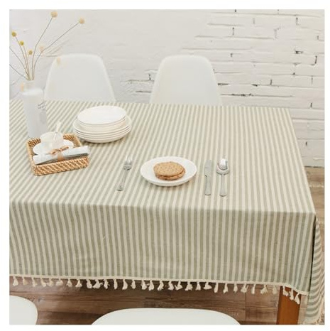 Stfery Tischdecke Abwaschbar, Schmal Gestreifte Mit Quaste Grün, 140x220cm, Table Cloth Mediterran, Tischdecke Rechteckig Stehtisch