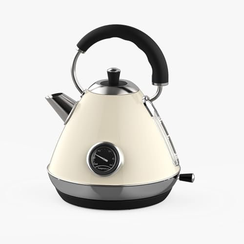 GEEPAS Electric Kettle | Vintage Cordless Stainless Steel Rapid Boil for Hot Water Tea Coffee | Auto Shut-Off 360° Swivel Base Temp Gauge Boil Dry Protection | 2 Yr Warranty 1.7L 3000W Retrovive Cream