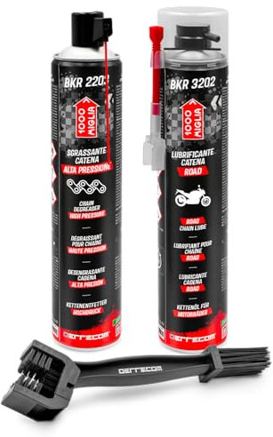 ERRECOM 1000 Miglia Clean&Lube Kit Cadena Moto Road; Incluye Desengrasante Cadena Bote Alta Presión 750mL+ Lubricante Cadena Moto de Carretera 500mL+ Huggie System y Extensión 90°+Cepillo+ Guantes