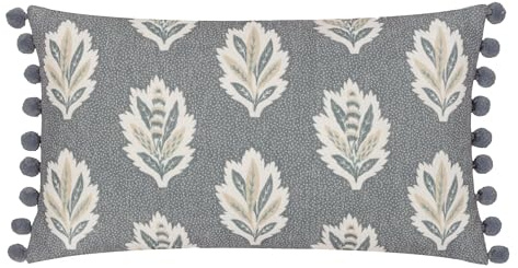 Sanderson Sessile Leaf Feather Filled Cushion – Botanical British Woodland Textured Decorative Accent Pillow with Pom Pom Trim (Delph Blue - 30x50cm)