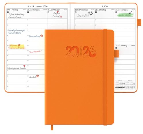 JAYSOO® Kalender 2026, A4 Wochenplaner 21x14.5cm Tageplan und Stundenplan, 12 Monate Terminplaner Hardcover (Jan.-Dez.2026) für Arbeit, Lernen und Familienplan - Orange