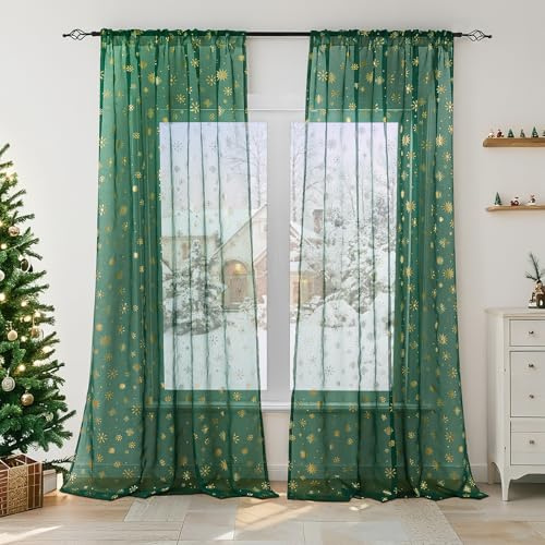 Wokuaile Grün Weihnachts Vorhang Kräuselband Weihnachtsgardine Transparent | 2er Set Wohnzimmer Gardinen mit Goldernem Muster Voile Vorhänge H175 x B140 cm