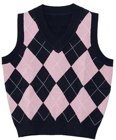RWGSNB Pulls sans Manche Femme Gilet en Tricot pour Femme col en V Motif À Carreaux Argyle Vintage Pull sans Manches Décontracté Style Preppy Automne Hiver Débardeur Bleu M
