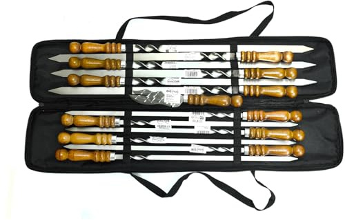Set aus 12 Schaschlikspießen mit Tasche Grillspieße aus Edelstahl | Fleischspieße BBQ Lagerfeuer Spieße Schampura