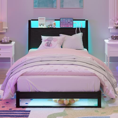 3ft Single Bed Frame with Ergonomic Storage Headboard,Heavy Duty Low Profile Metal Platform,Single Bed with Charging Station and LED Twin Size,No Box Spring Needed,Easy to Assembly,Noise Free, Black