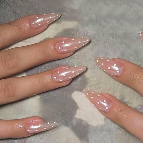French False Nails Almond, 24Pcs Chrome White Wave Point Nude French Press on Nail, Fake Nails Tips with Nail Glue, Ombre Stick on Fingernails for Women Girls Nails Art Manicure